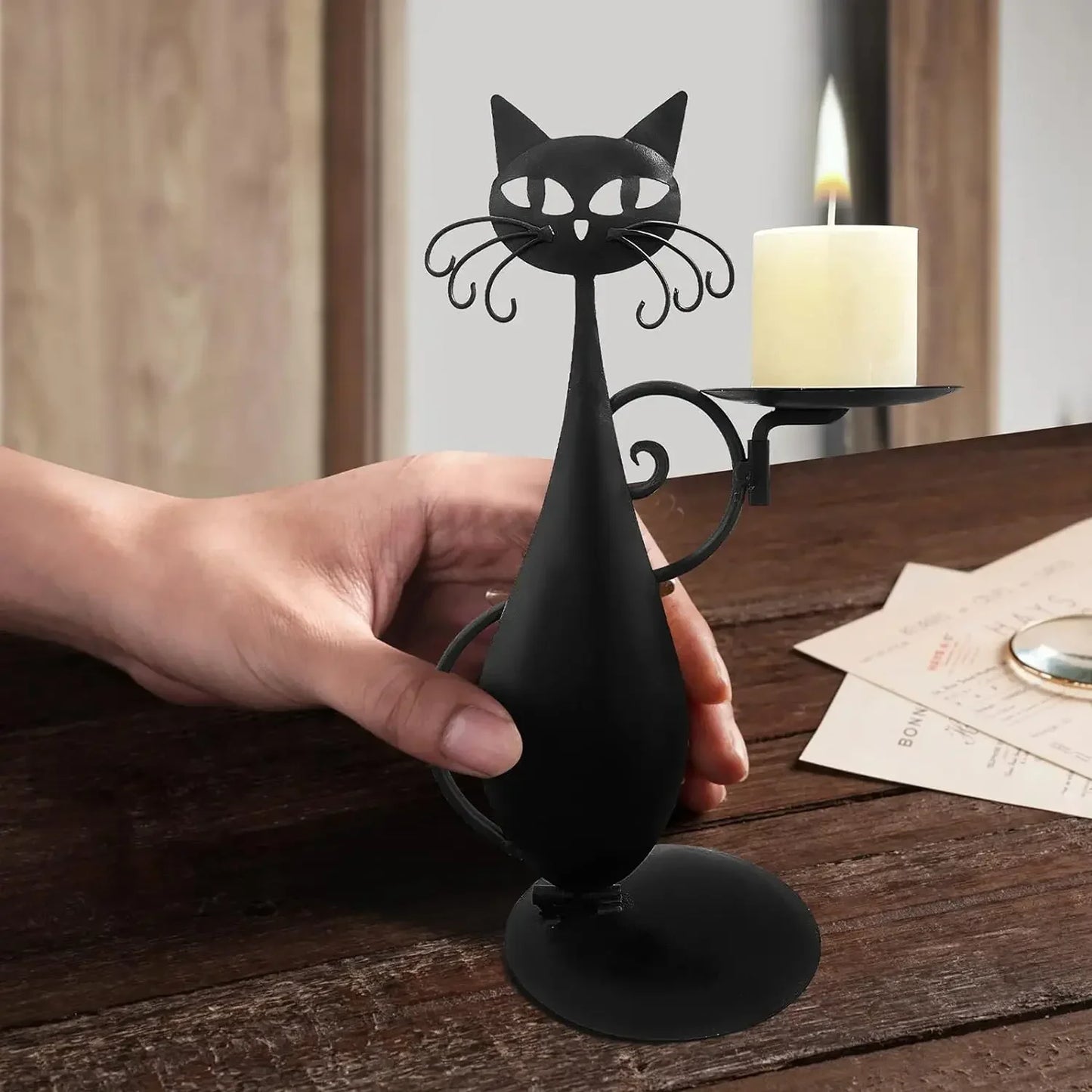 Cozy Black Cat Candle Holder